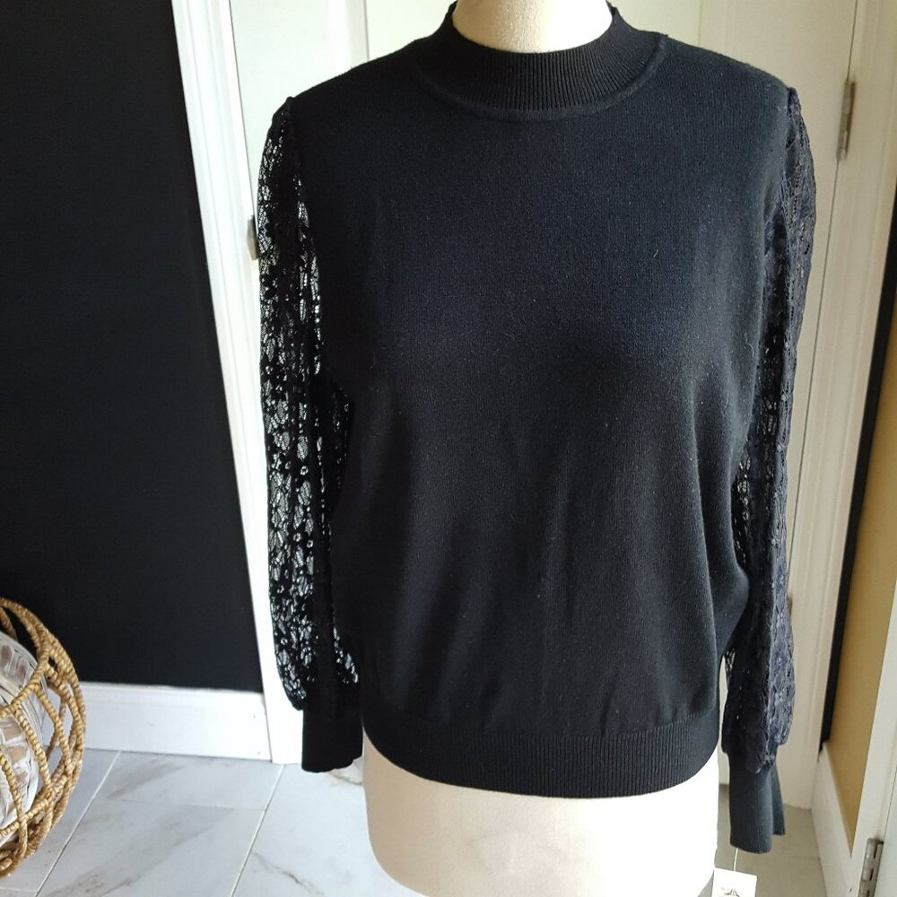 NWT! LACE Embellished SLEEVE MOCK NECK SWEATER